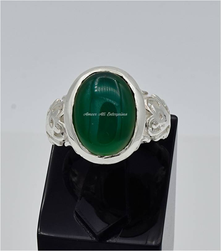 AAE 6596 Chandi Ring 925, Stone: Green Aqeeq