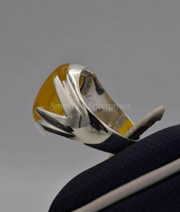 AAE 6528 Chandi Ring 925, Stone: Yellow Aqeeq - AmeerAliEnterprises