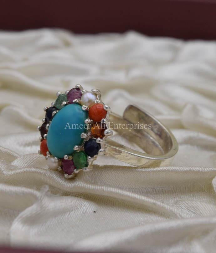 AAE 0519 Chandi Ring 925, Stone: Navratan (Nine Original Stones) - AmeerAliEnterprises