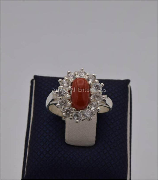 AAE 1218 Chandi Ring 925, Stone: Marjan (Coral) - AmeerAliEnterprises