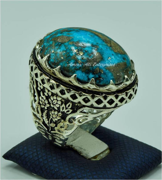 AAE 6766 CHANDI RING 925, STONE: SHAJRI FEROZA (TURQUOISE) - AmeerAliEnterprises