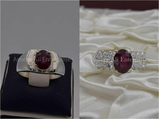 Silver Couple Rings: Pair 66, Stone: Ruby (Yaqoot) - AmeerAliEnterprises