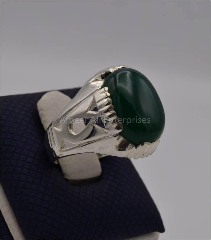AAE 3111 Chandi Ring 925, Stone: Green Aqeeq - AmeerAliEnterprises