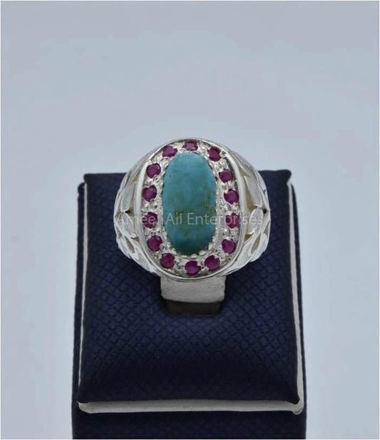 AAE 5795 Chandi Ring 925, Stone: Shajri Feroza - AmeerAliEnterprises