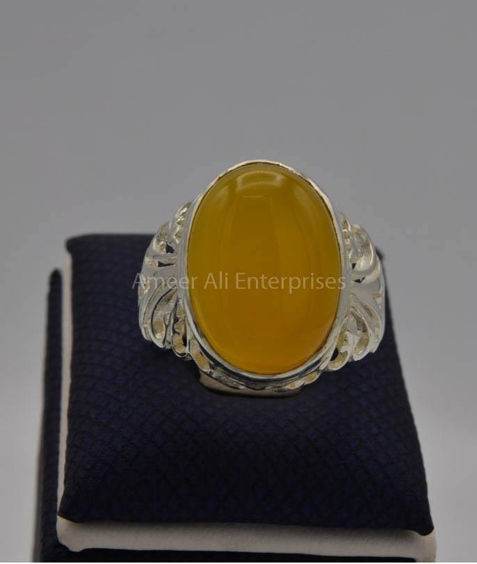 AAE 6525 Chandi Ring 925, Stone: Yellow Aqeeq - AmeerAliEnterprises