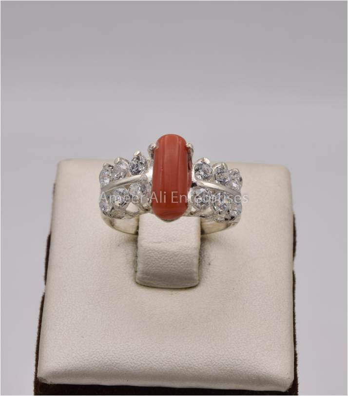 AAE 2506 Chandi Ring 925, Stone: Marjan (Coral) - AmeerAliEnterprises