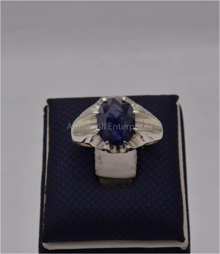 AAE 9813 Chandi Ring 925, Stone: Blue Sapphire (Neelam) - AmeerAliEnterprises