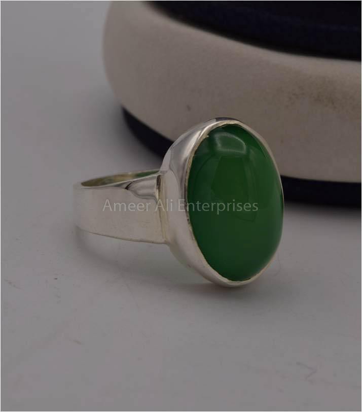 AAE 3121 Chandi Ring 925, Stone: Green Aqeeq - AmeerAliEnterprises