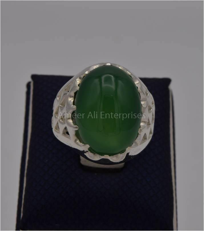 AAE 3122 Chandi Ring 925, Stone: Green Aqeeq - AmeerAliEnterprises