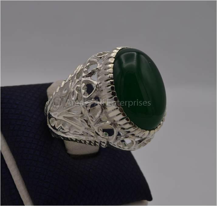 AAE 3112 Chandi Ring 925, Stone: Green Aqeeq - AmeerAliEnterprises