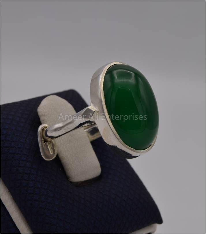 AAE 3113 Chandi Ring 925, Stone: Green Aqeeq - AmeerAliEnterprises