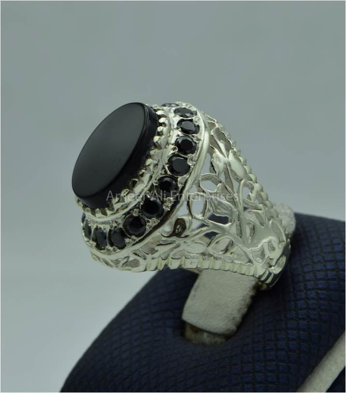 AAE 6679 Chandi Ring 925, Stone: Black Aqeeq