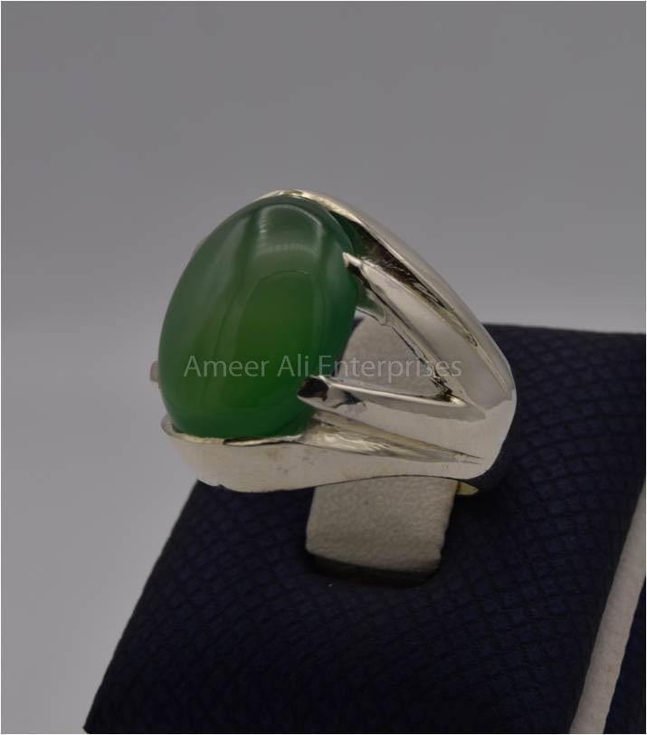 AAE 3118 Chandi Ring 925, Stone: Green Aqeeq - AmeerAliEnterprises