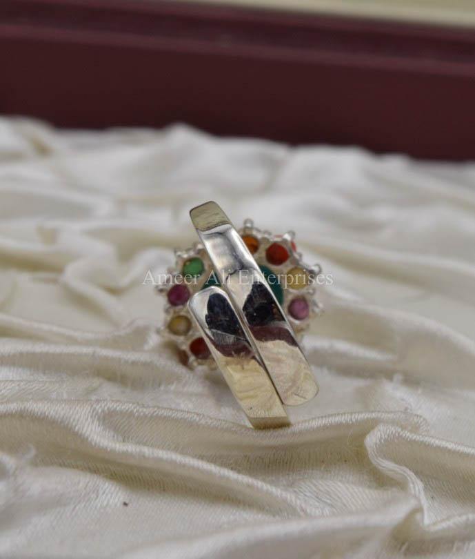 AAE 0519 Chandi Ring 925, Stone: Navratan (Nine Original Stones) - AmeerAliEnterprises