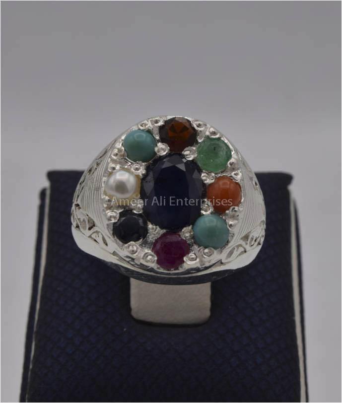 AAE 2254 Chandi Ring, Stone: Navratan (Nine Original Stones) - AmeerAliEnterprises