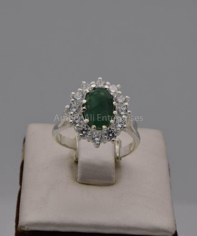 AAE 7525 Chandi Ring 925, Stone Emerald (Zamurd) - AmeerAliEnterprises