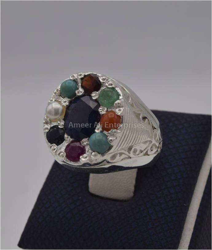 AAE 2254 Chandi Ring, Stone: Navratan (Nine Original Stones) - AmeerAliEnterprises