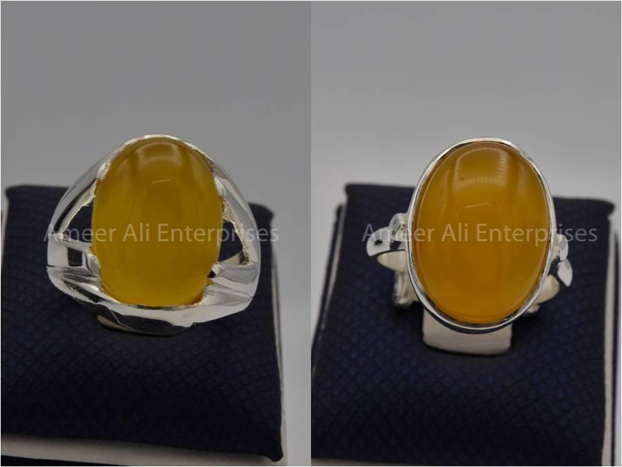 Silver Couple Rings: Pair 61, Stone: Yellow Aqeeq (Agate) - AmeerAliEnterprises