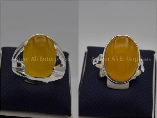 Silver Couple Rings: Pair 61, Stone: Yellow Aqeeq (Agate) - AmeerAliEnterprises