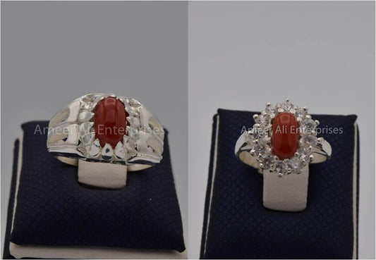 Silver Couple Rings: Pair 57, Stone: Marjan (Coral) - AmeerAliEnterprises