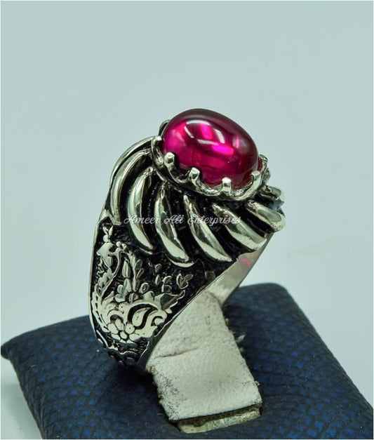 AAE 6770 CHANDI RING 925, STONE: IRANI POOTA YAQOOT (ANARI YAQOOT) - AmeerAliEnterprises