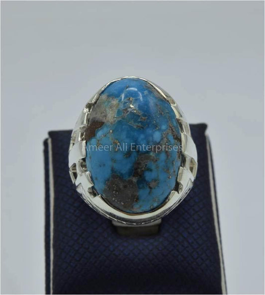 AAE 5852 Chandi Ring 925, Stone: Shajri Feroza - AmeerAliEnterprises
