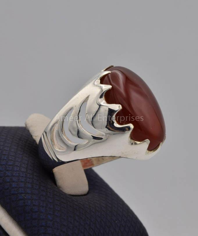 AAE 9105 Chandi Ring 925, Stone: Yamni Aqeeq - AmeerAliEnterprises