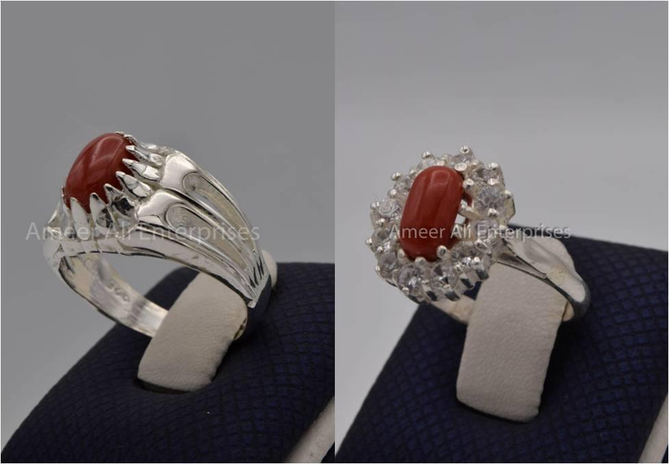 Silver Couple Rings: Pair 57, Stone: Marjan (Coral) - AmeerAliEnterprises