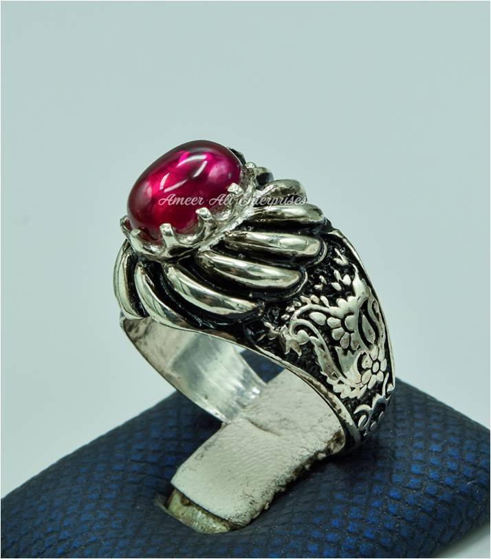 AAE 6770 CHANDI RING 925, STONE: IRANI POOTA YAQOOT (ANARI YAQOOT) - AmeerAliEnterprises