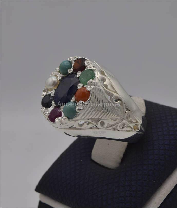 AAE 2254 Chandi Ring, Stone: Navratan (Nine Original Stones) - AmeerAliEnterprises