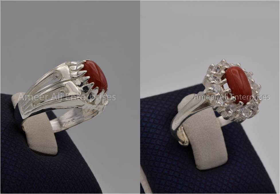 Silver Couple Rings: Pair 57, Stone: Marjan (Coral) - AmeerAliEnterprises