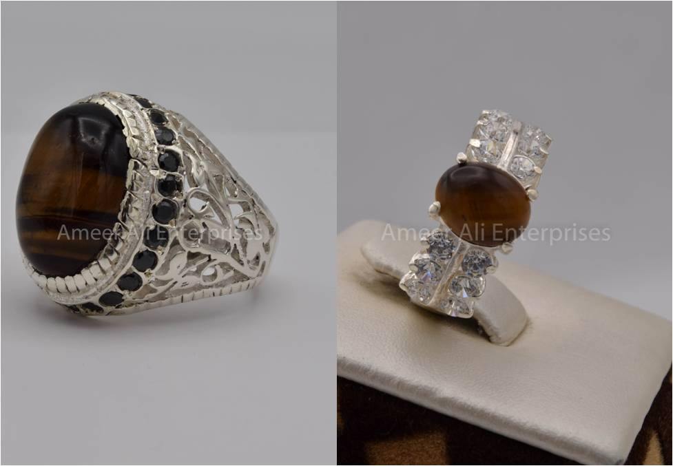 Silver Couple Rings: Pair 100,  Stone: Tiger's Eye - AmeerAliEnterprises
