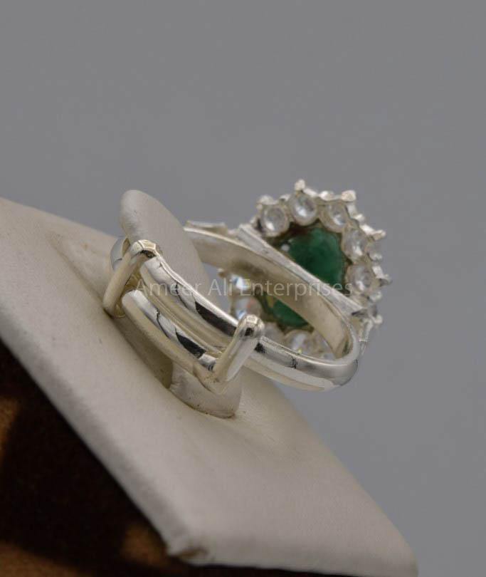 AAE 7525 Chandi Ring 925, Stone Emerald (Zamurd) - AmeerAliEnterprises