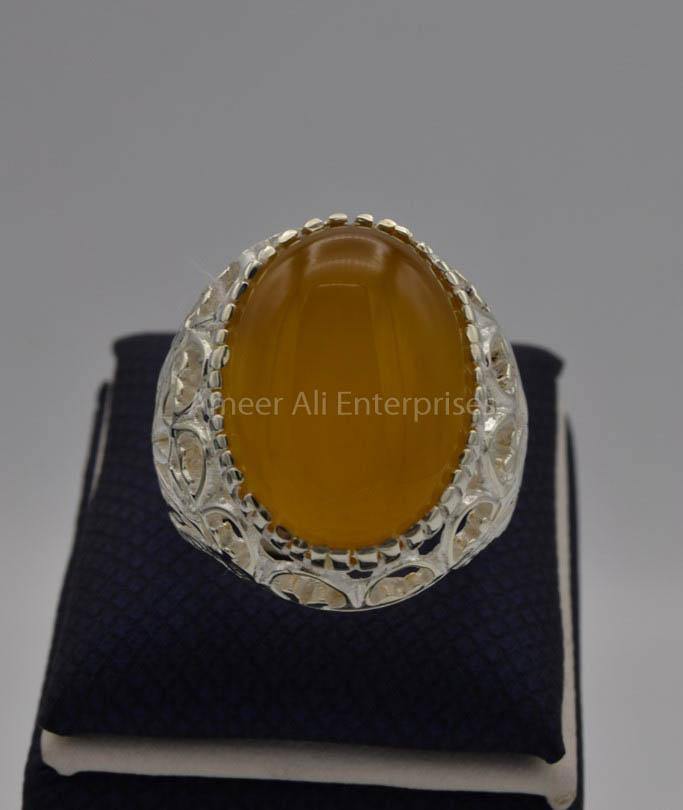 AAE 6530 Chandi Ring 925, Stone: Yellow Aqeeq - AmeerAliEnterprises
