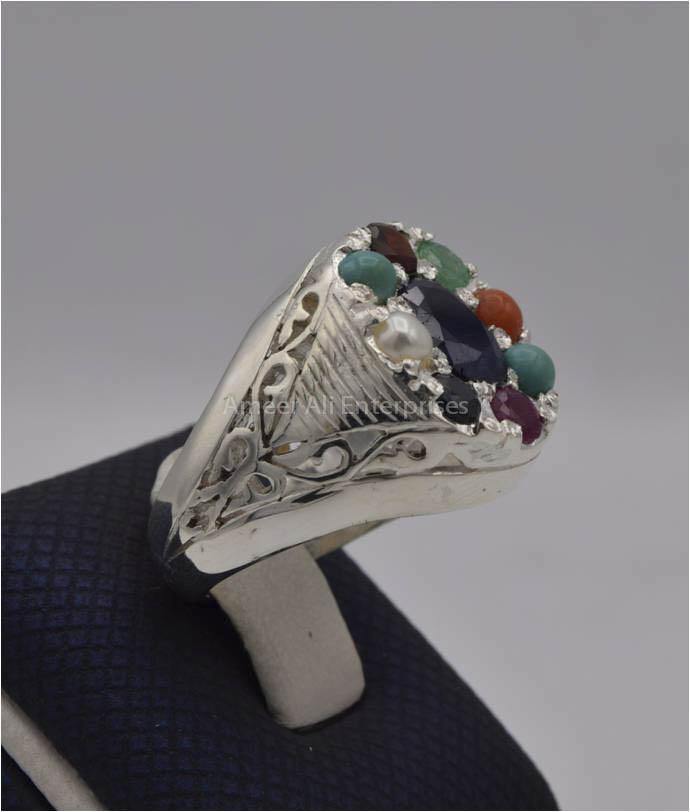 AAE 2254 Chandi Ring, Stone: Navratan (Nine Original Stones) - AmeerAliEnterprises