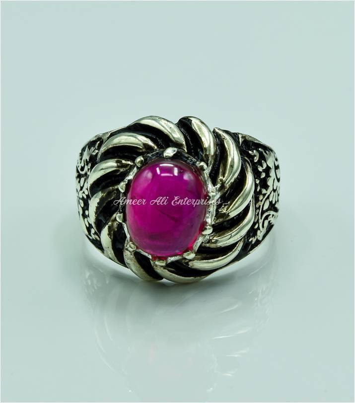 AAE 6770 CHANDI RING 925, STONE: IRANI POOTA YAQOOT (ANARI YAQOOT) - AmeerAliEnterprises