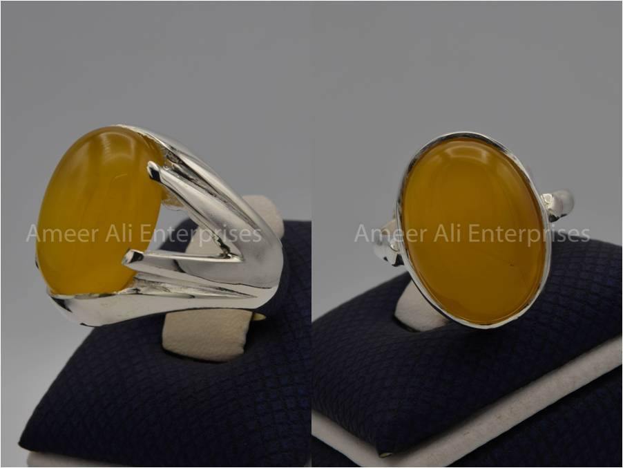 Silver Couple Rings: Pair 61, Stone: Yellow Aqeeq (Agate) - AmeerAliEnterprises