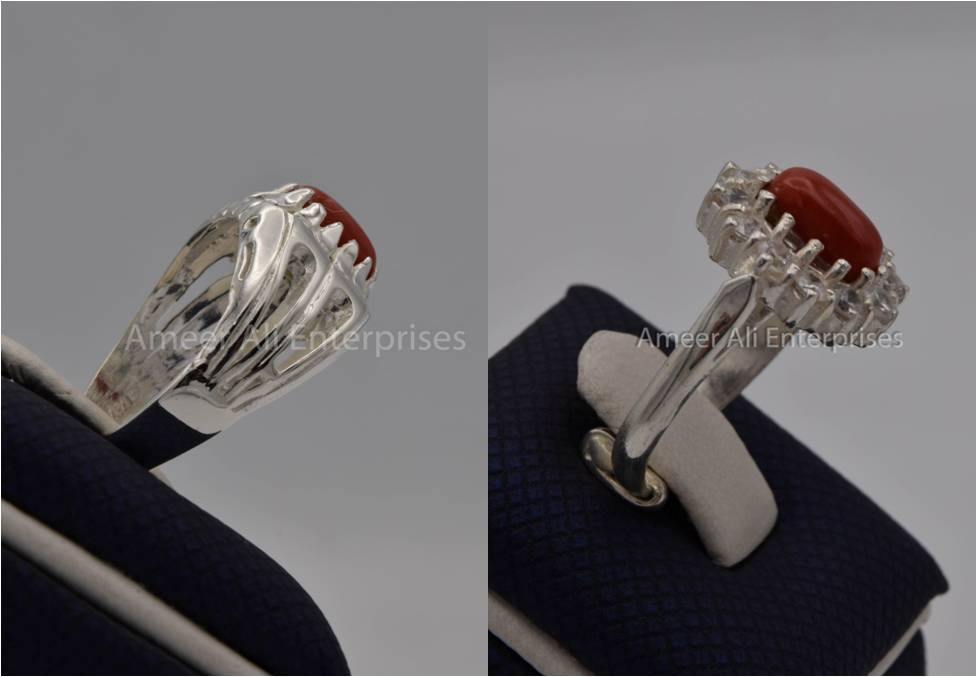 Silver Couple Rings: Pair 57, Stone: Marjan (Coral) - AmeerAliEnterprises