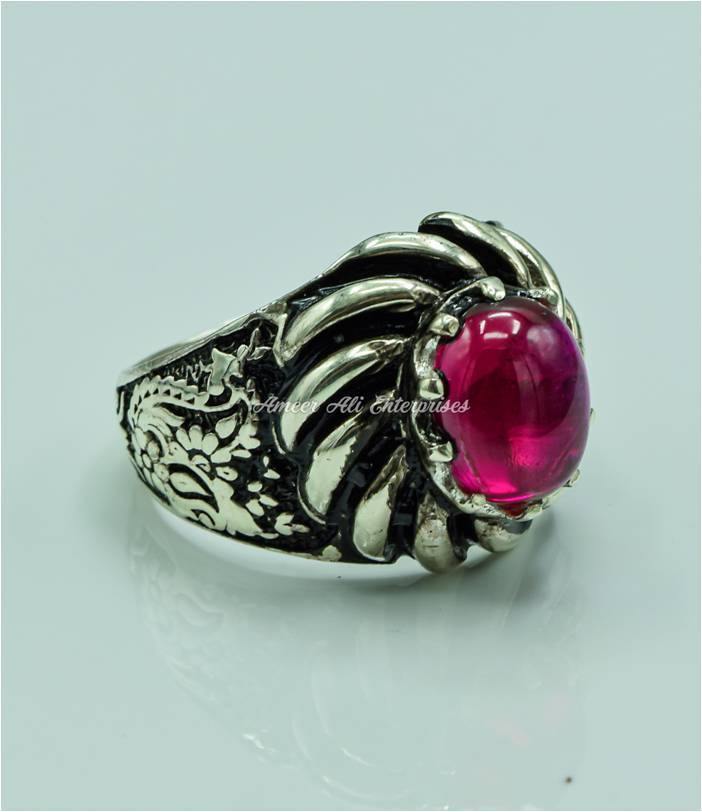 AAE 6770 CHANDI RING 925, STONE: IRANI POOTA YAQOOT (ANARI YAQOOT) - AmeerAliEnterprises