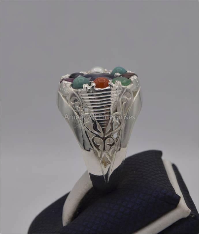 AAE 2254 Chandi Ring, Stone: Navratan (Nine Original Stones) - AmeerAliEnterprises
