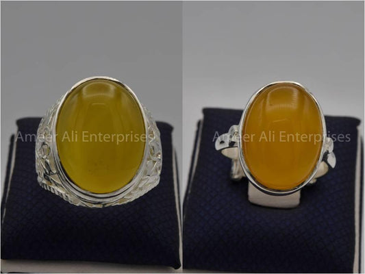 Silver Couple Rings: Pair 62, Stone: Yellow Aqeeq (Agate) - AmeerAliEnterprises