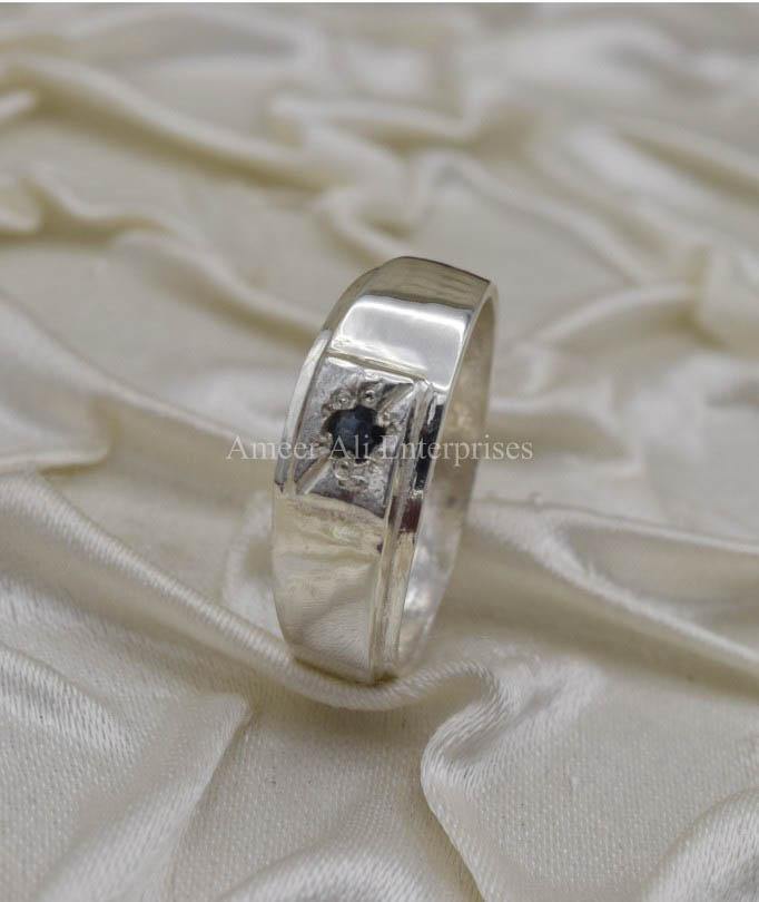AAE 1436 Chandi Ring 925, Stone: Blue Sapphire (Neelam) - AmeerAliEnterprises