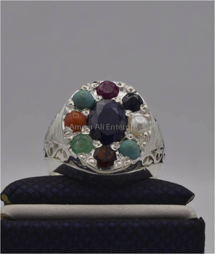 AAE 2254 Chandi Ring, Stone: Navratan (Nine Original Stones) - AmeerAliEnterprises