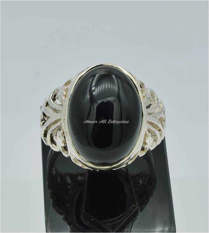 AAE 7805 Chandi Ring 925, Stone: Black Aqeeq