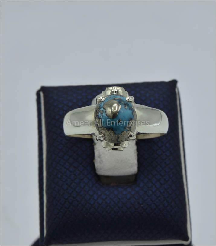 AAE 5853 Chandi Ring 925, Stone: Shajri Feroza - AmeerAliEnterprises