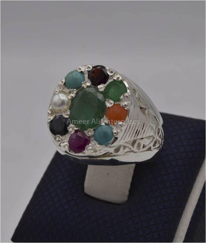 AAE 2255 Chandi Ring, Stone: Navratan (Nine Original Stones) - AmeerAliEnterprises