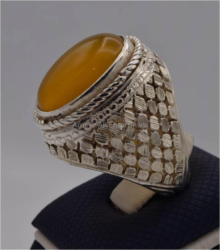 AAE 2312 Chandi Ring 925, Stone: Yellow Aqeeq - AmeerAliEnterprises