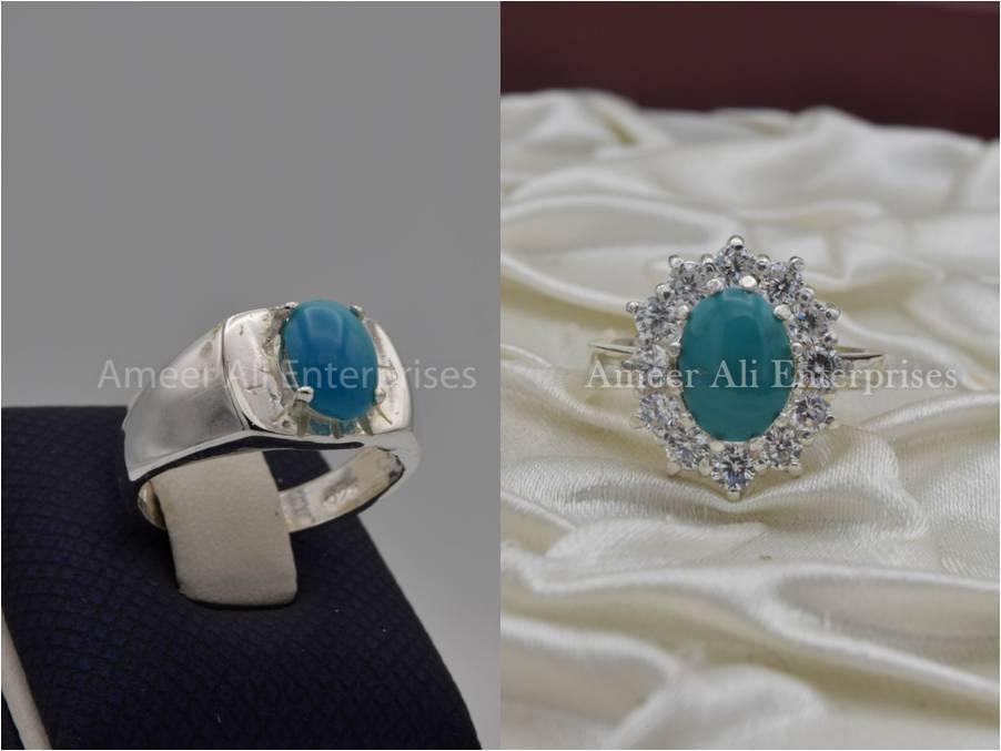 Silver Couple Rings: Pair 6, Stone: Feroza (Turquoirse) - AmeerAliEnterprises