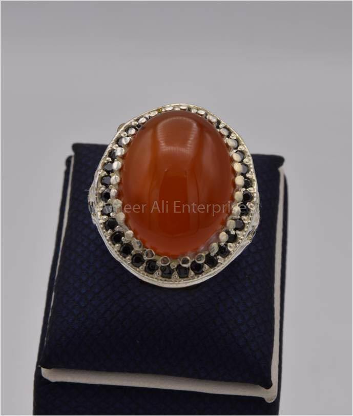 AAE 4372 Chandi Ring 925, Stone: Red Aqeeq - AmeerAliEnterprises