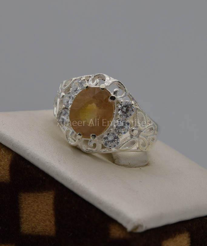 AAE 7569 Chandi Ring 925, Stone: Yellow Sapphire (Pukhraj) - AmeerAliEnterprises